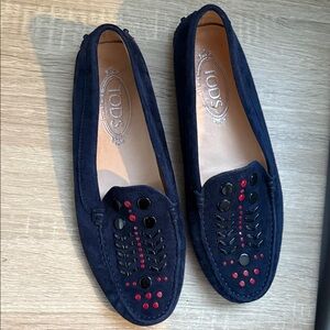 Tod's Women's Dark Blue Moccasins with Red Detailing